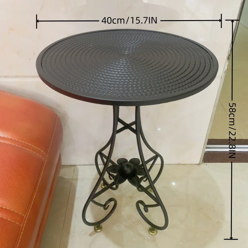 Iron Round Side Table with Carved Design, Vintage Small Patio Table for Balcony, Garden, Outdoor Use, Rustic Decor Accent