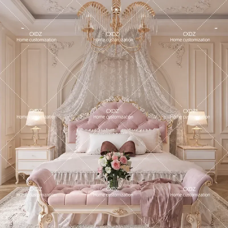 Vintage Court Style Solid Wood Princess Bed 1.5m 1.8m Double Queen Size Bedroom Furniture for PC Console Gaming Wedding