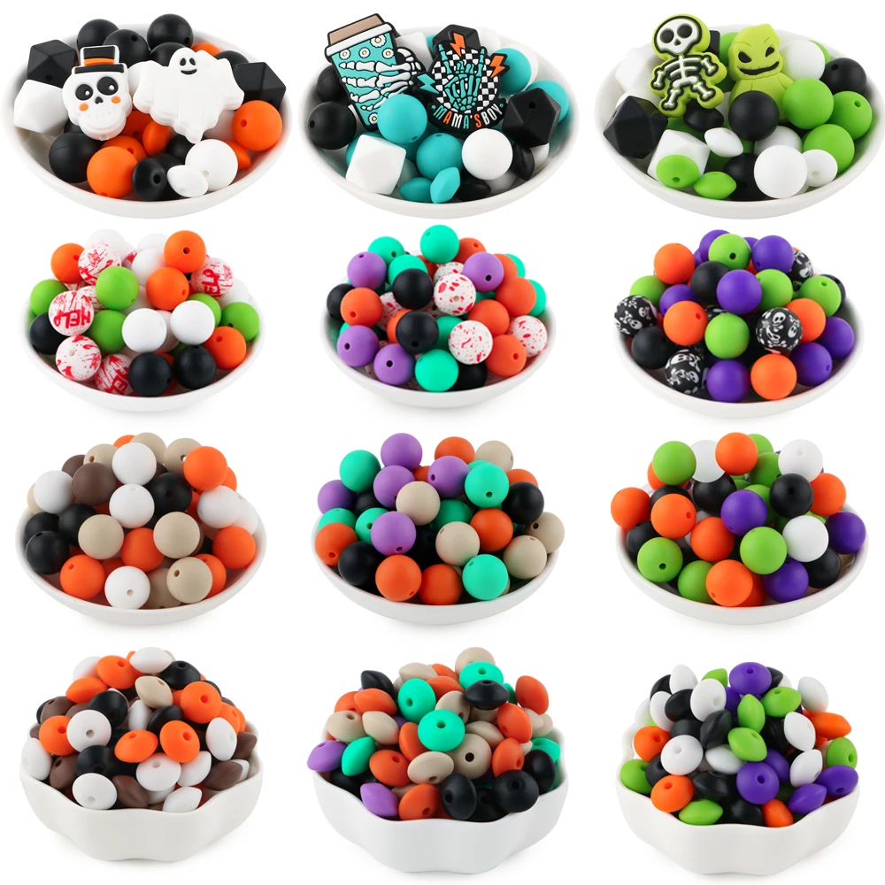 Halloween Silicone Focal Beads Round Beads Silicone Lentil Beads Set Use For Beadable Pen Keychain DIY Handmade Accessories