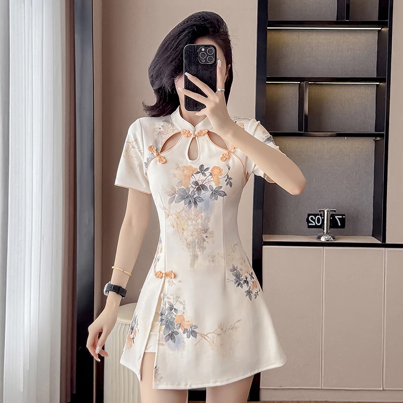 

new in matching sets Women's Summer Fashion Set Chinese Style Printed Cheongsam Dress & Shorts Sexy Hollow-Out Two-Piece Outfits