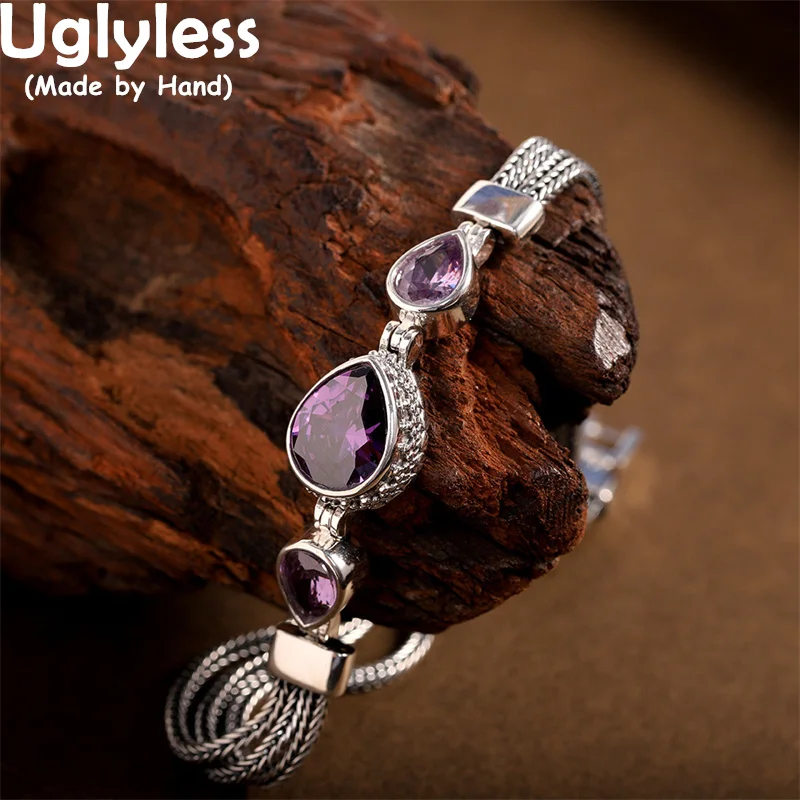 

Uglyless Water Drop Purple Crystals Bracelets Women 925 Sterling Silver Multi Chains Bracelets Retro Fashion Thai Silver Jewelry