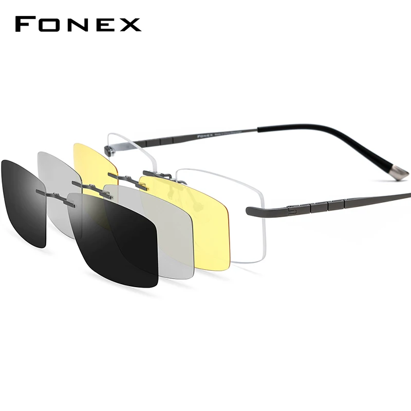 FONEX Titanium Glasses Frame Men Square Magnet Clip Rimless Eyeglasses with 3D & Night Vision & Polarized Lens F85761