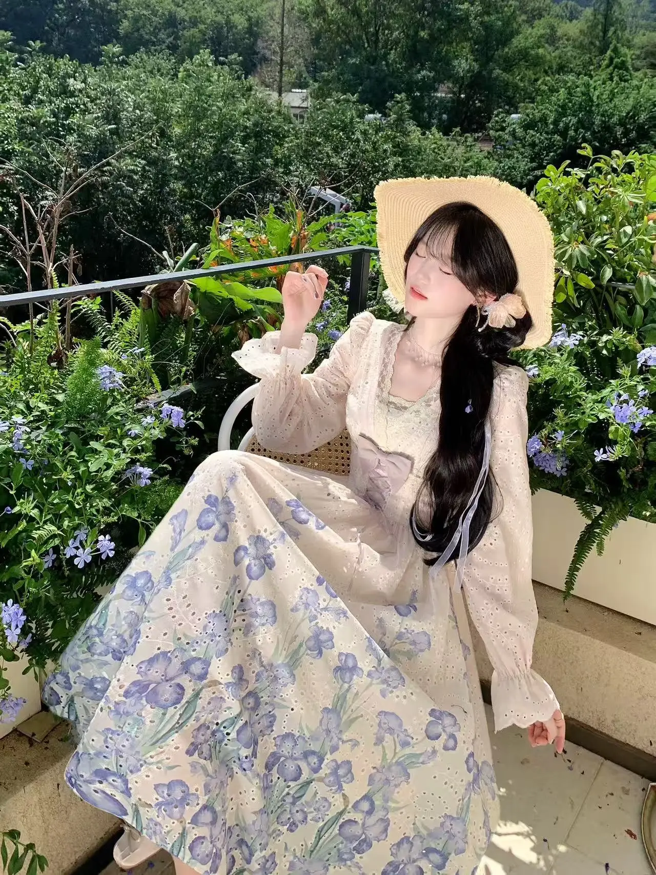 Autumn French Vintage Elegant Moriko Style Dress Women's Printed Cutout Bowknot Long Dress High-end Romantic Party Clothing 2025