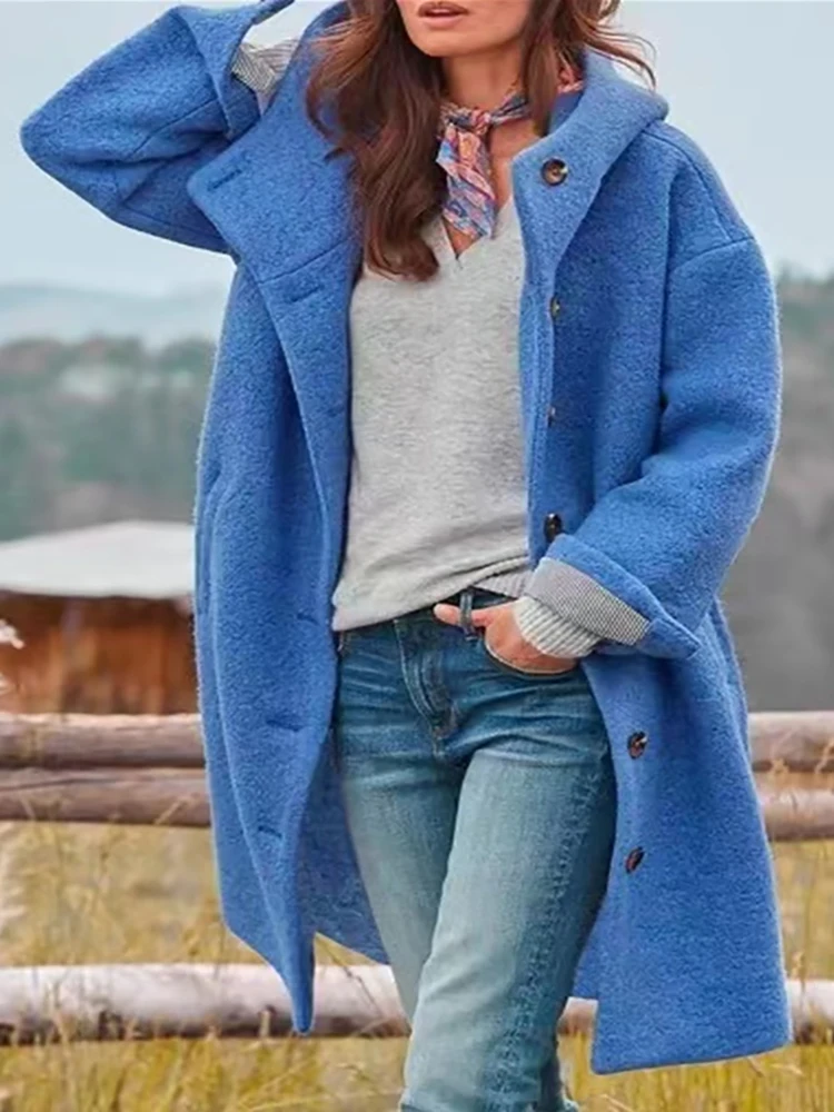 Women Autumn Winter 2022 Elegant Woolen Blends Long Sleeve Coat Lady Single Breasted Casual Hooded Jacket Trend Solid Streetwear