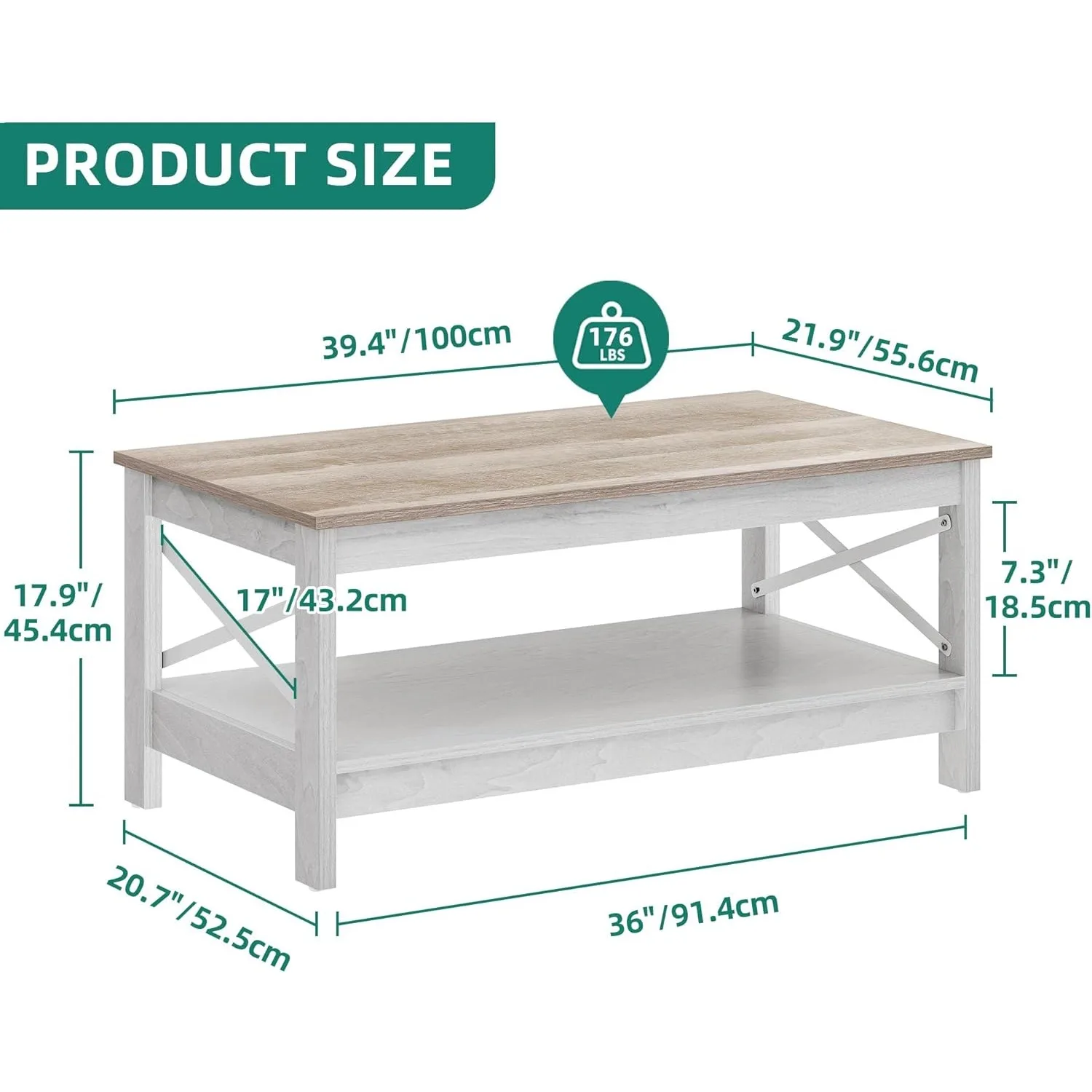 Table basse de ferme moderne avec rangement, table centrale à 2 niveaux pour salon en bois, table d'accent cocktail avec cadre robuste