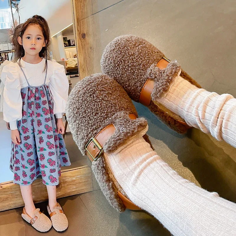 Children Winter Loafers Buckle Plush Furry Warm Leisure Boys Flat Shoes Slip-on Comfy Kids Wool Rolled Girls Cotton Boots 21-36