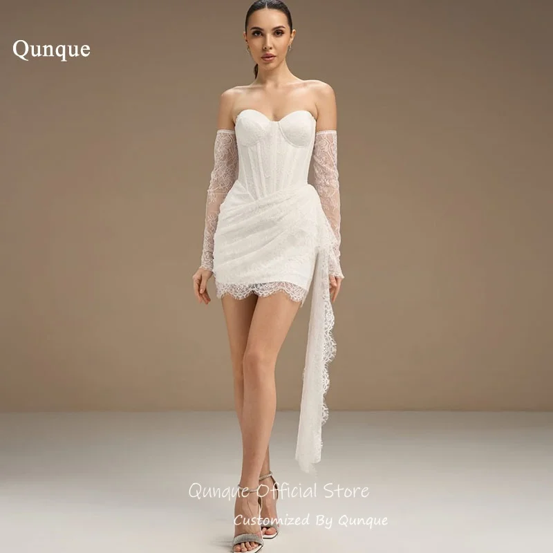 Qunque Draped Side Sash Wedding Dress Scalloped Hem Party Homecoming Outfit Dresses Lace Mini Vestido De Novia Boda Customized
