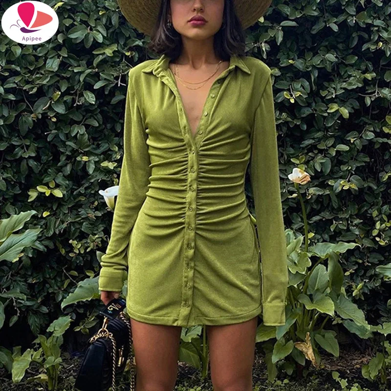 

Spring Slim Shirt Dresses Women Green Party Dress Sexy Mini Dress Turn-Down Collar Button Streetwear Ladies Short Dresses