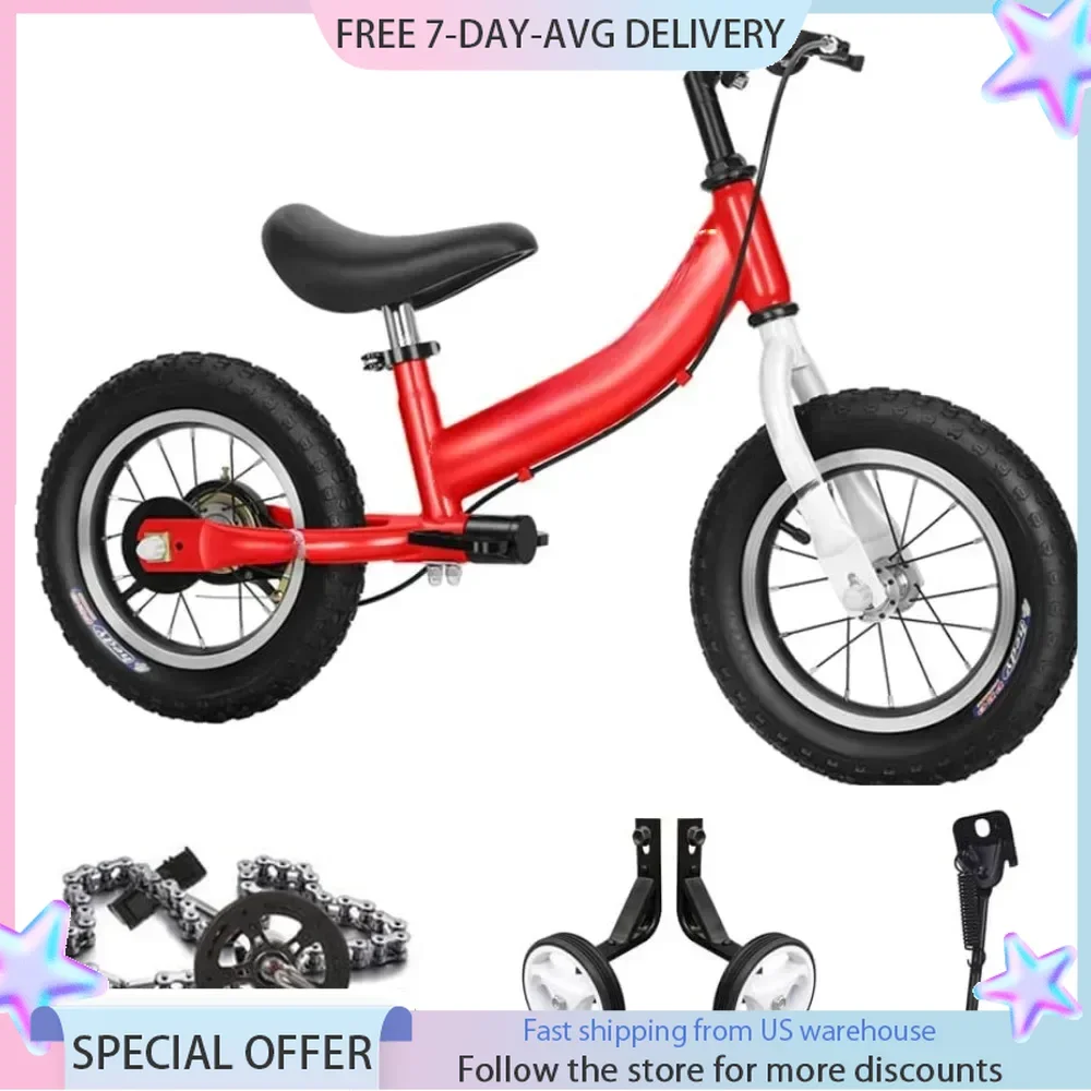 12inch Balance Bike 2 in1 for Kids 2 - 7 Years Old,Balance To Pedals Bike,Training Wheels,Brakes,Send Children on Baby Walker