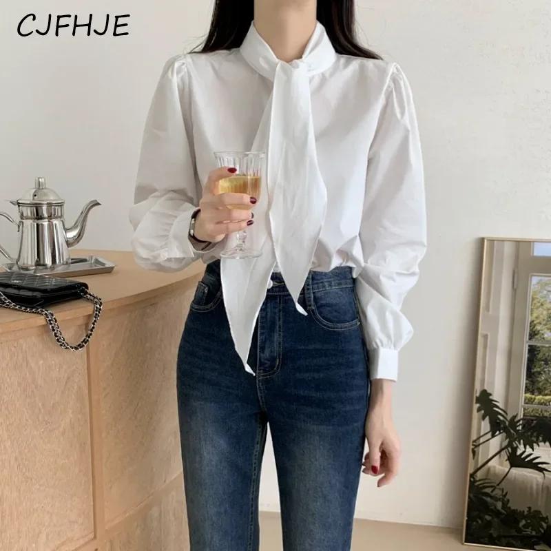 

CJFHJE Early Spring French Fashion Lace Up Tie Design Women's Shirt Loose Casual Women Versatile Solid Color Long Sleeved Shirt