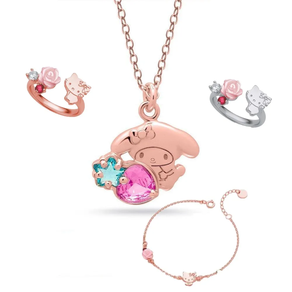 Sanrio Kawaii Hello Kitty Rose Diamond Necklace Cartoon My Melody Diamond Ring Bracelet Couple Jewelry Girl Holiday  Gifts