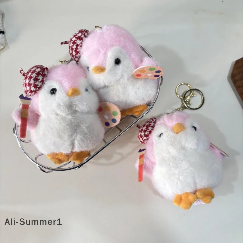【E】Cute Little Painter Penguin Plush Keychain Stuffed Doll Keyring Bag Pendant Backpack Hanging Decoration Christmas Gifts