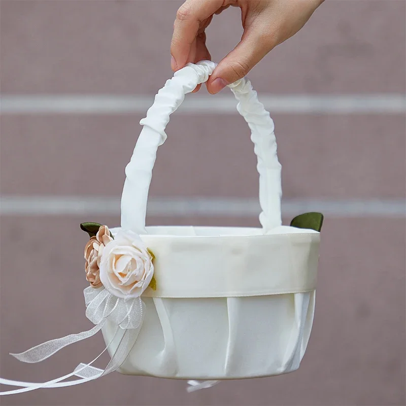 1PC Ivory Flower Girl Basket and Ring Bearer Pillow with Flower for Wedding Party Decoration Wedding Supplies