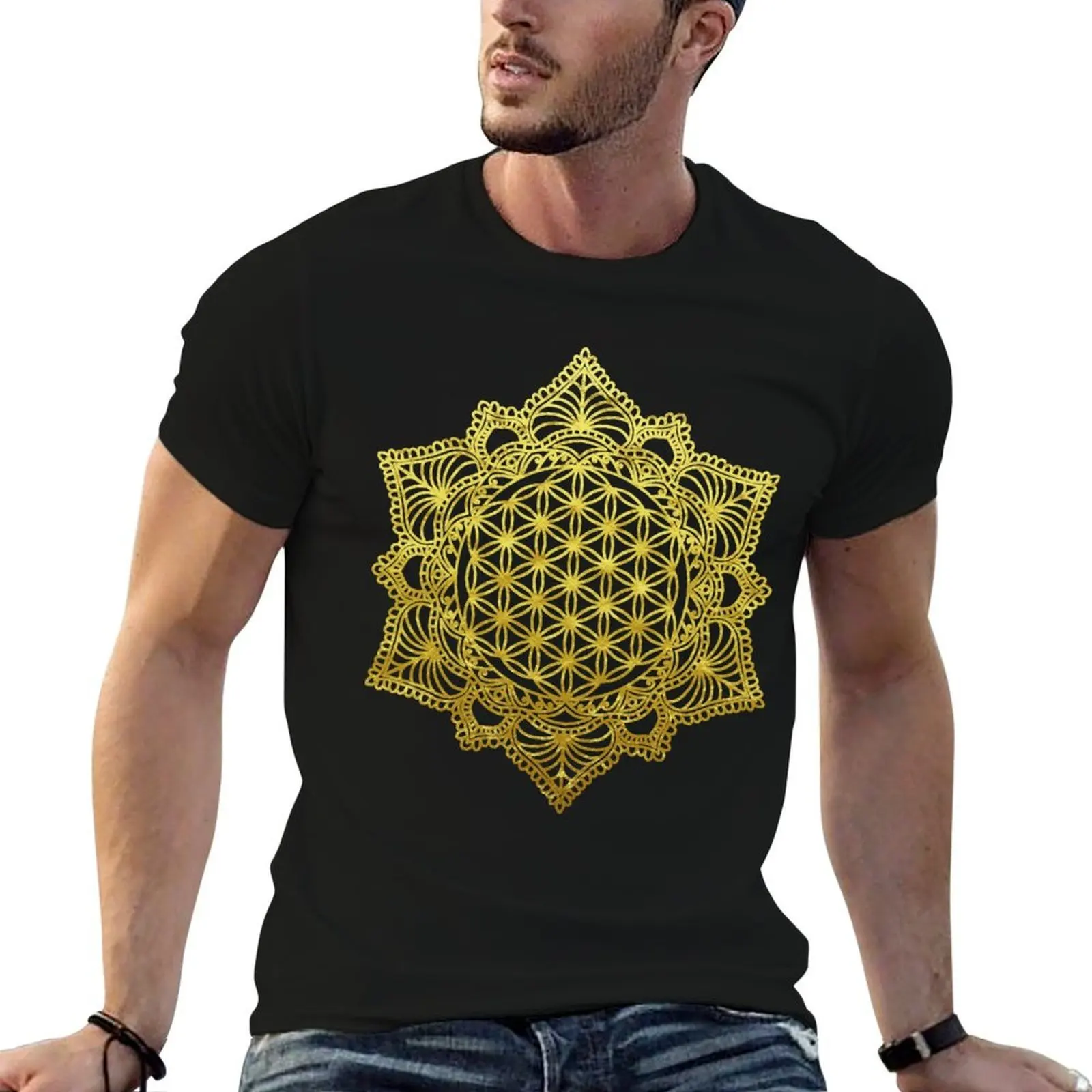 

Flower of Life Sacred Geometry in Gold T-Shirt man t shirts graphic t shirt custom print T-Shirt