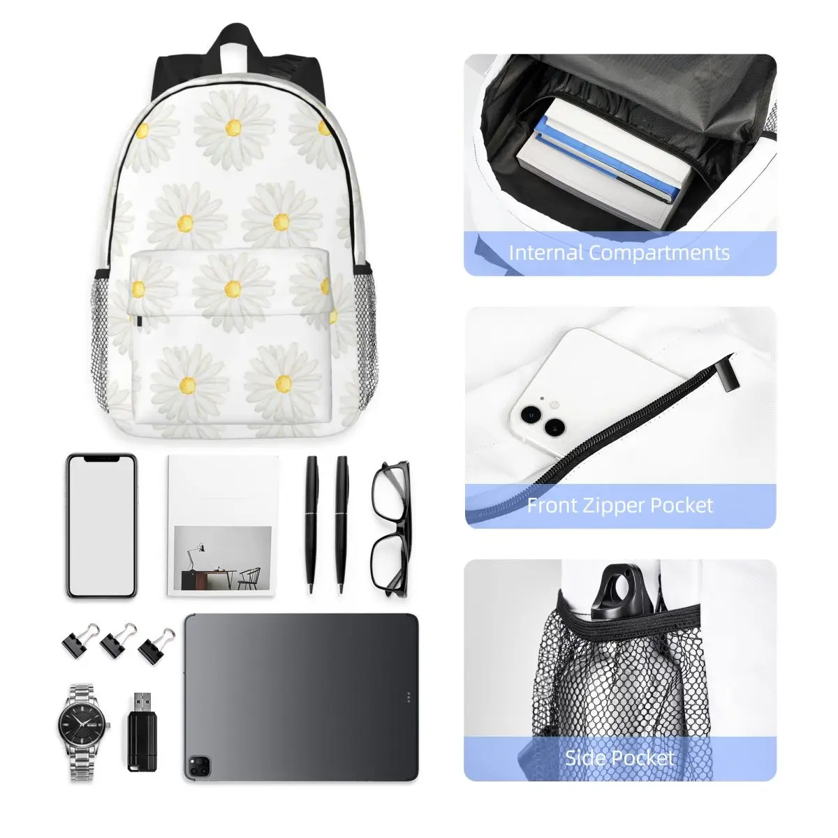 Hand Painted One Little White Daisy Watercolor Backpack Hot Sale Daypack Large Capacity BookBag Shoulder Bags School Bag