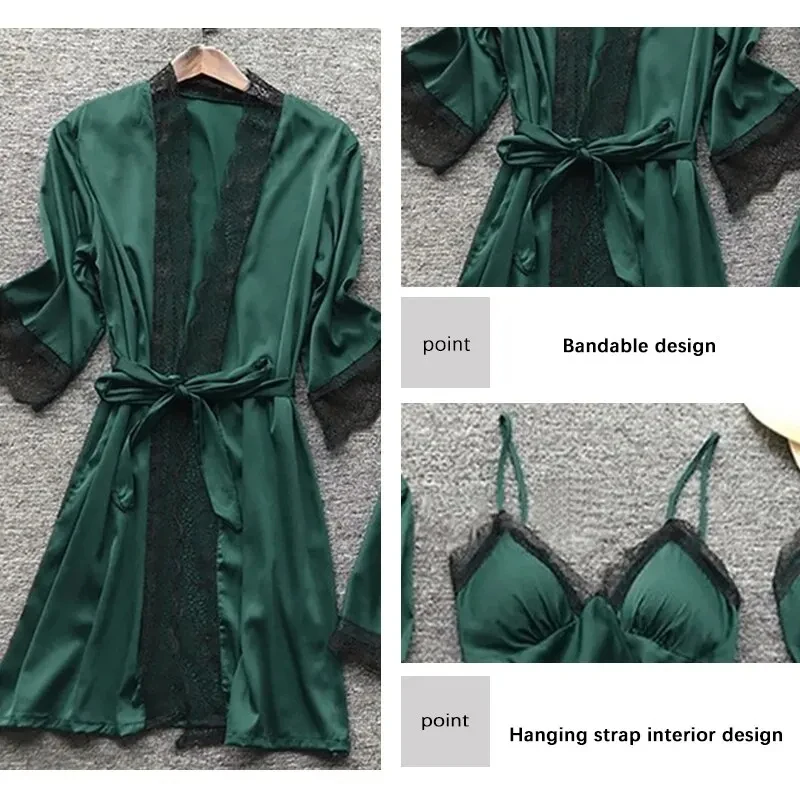 Four Piece Set of Women\'s Green Lace Trimmed Pajama Set Women\'s Home Long Robe Paired with Suspender Straps Pajama Set