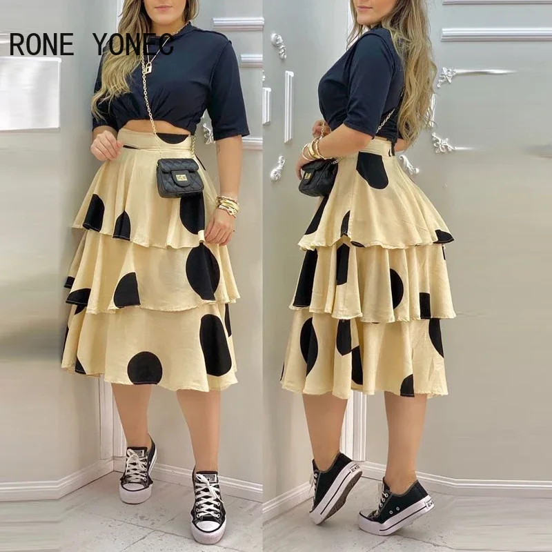 Women Plain Crop Top & Polkadot Print Layered Ruffles Skirt Sets Summer Vacation Suit