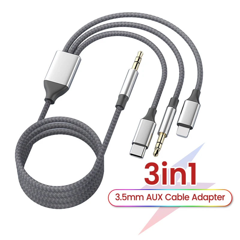 3.5mm/8Pin/Type C 3in1 3.5mm Jack Aux Cable For iPhone iPad Tablet Car Speaker Headphone Audio Adapter for Huawei Samsung Xiaomi