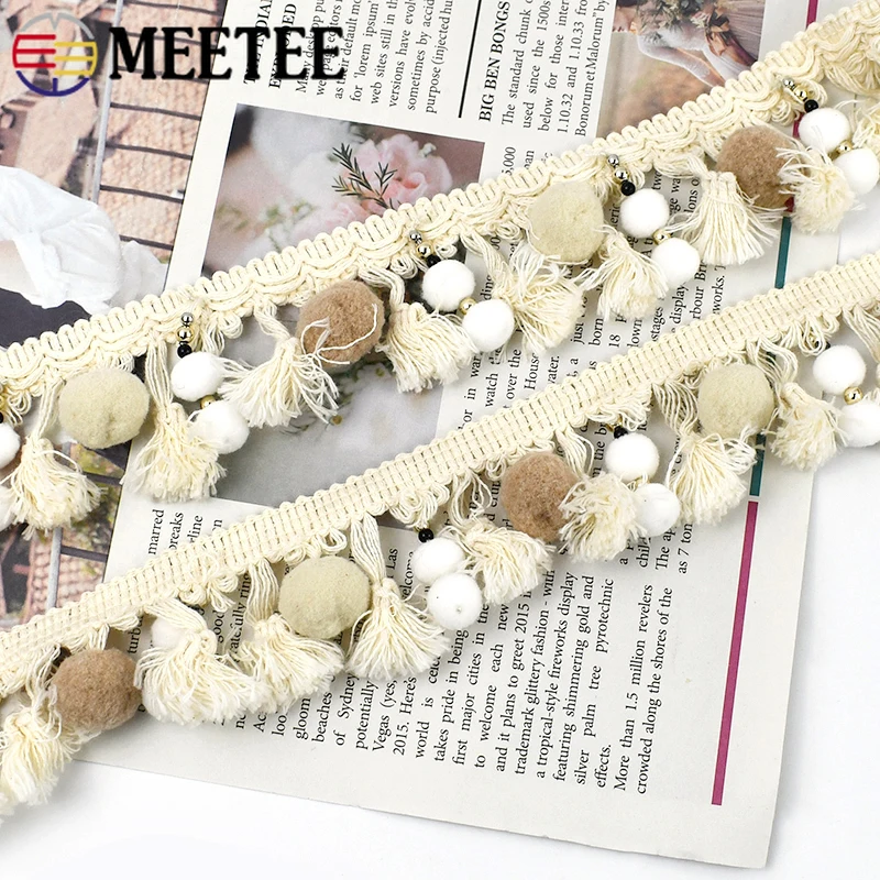 1/2/5Yards Meetee 5.5cm/6cm Tassel Lace Fabric Handmade Beaded Pom Trim Ball Ribbon DIY Craft Textile Decor Sewing Accessories