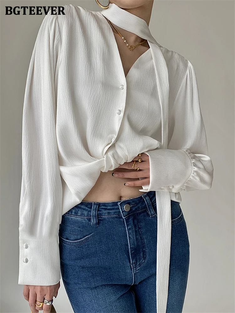 BGTEEVER Fashion V-neck Ribbon Single-breasted Solid Ladies Shirts Autumn Elegant Long Sleeve Loose Women Blouses Camisas