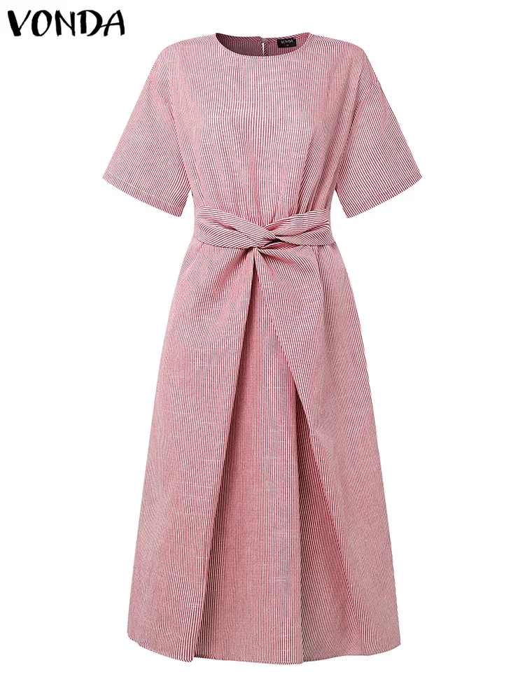 VONDA Abiti estivi a righe Donna Manica corta Stampa bohemien Camicia lunga Abiti 2025 Moda pieghettata Coreano Midi Vestito estivo Robe