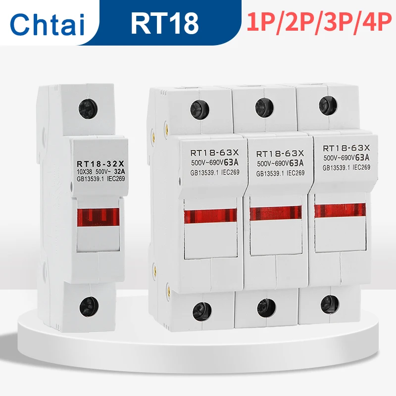 

RT18-32X 1-4P 32A 63A 125A Din Rail mounting Fuse Holders Fuse Holder Base 1Pole for 10x38mm link size AC690V 500V