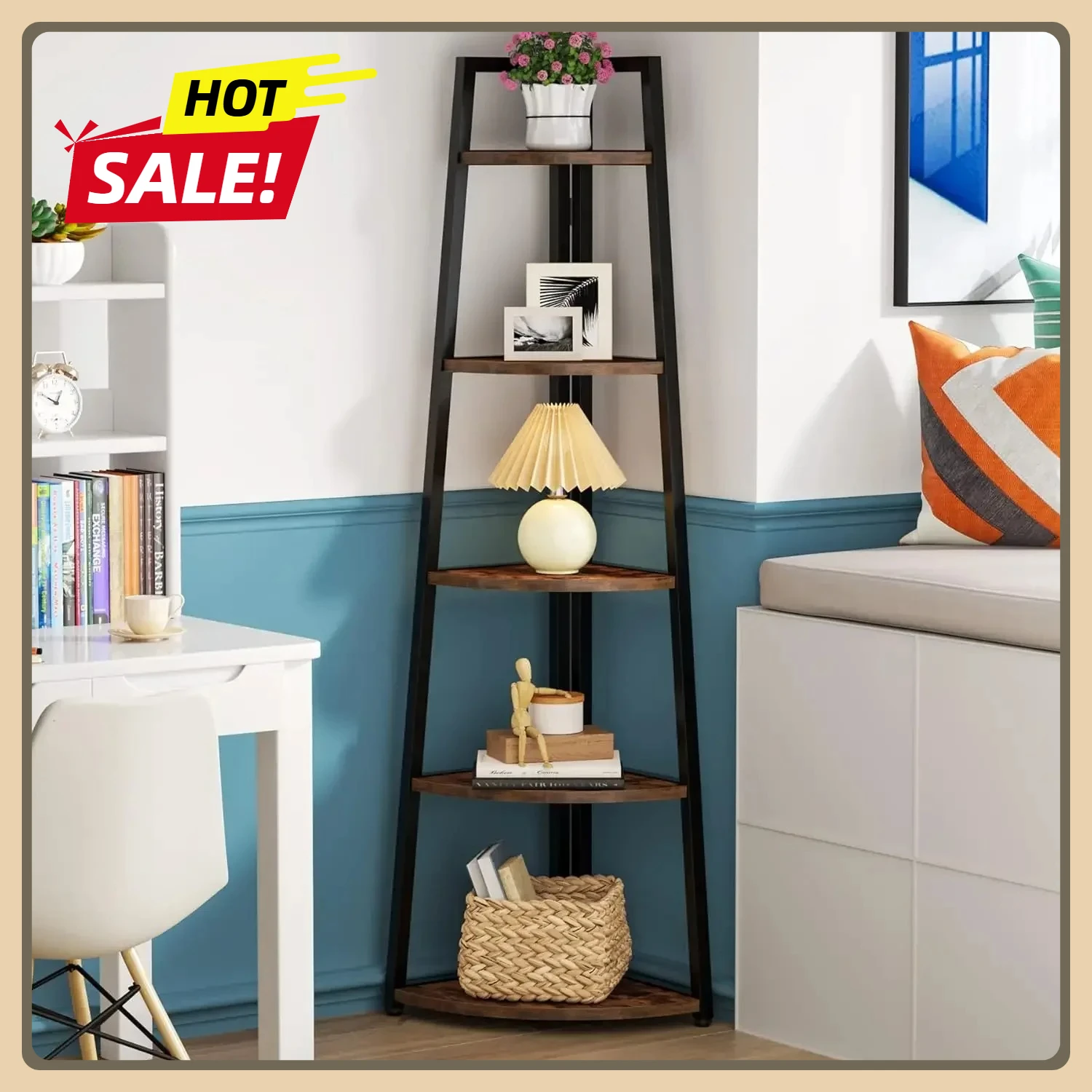 

70 inch Corner Bookshelf and Bookcase, Tall Corner Shelves Standing 5 Tier Shelving Unit Indoor Plant Stand for Living Room