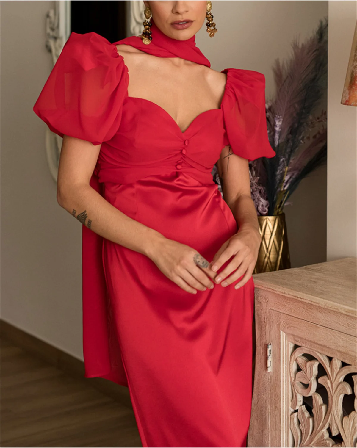 Elegant Red Formal Occasion Dress French Cutout Pleated Satin Evening Dress Women's to Ankle Length 2024 Custom Evening Dress