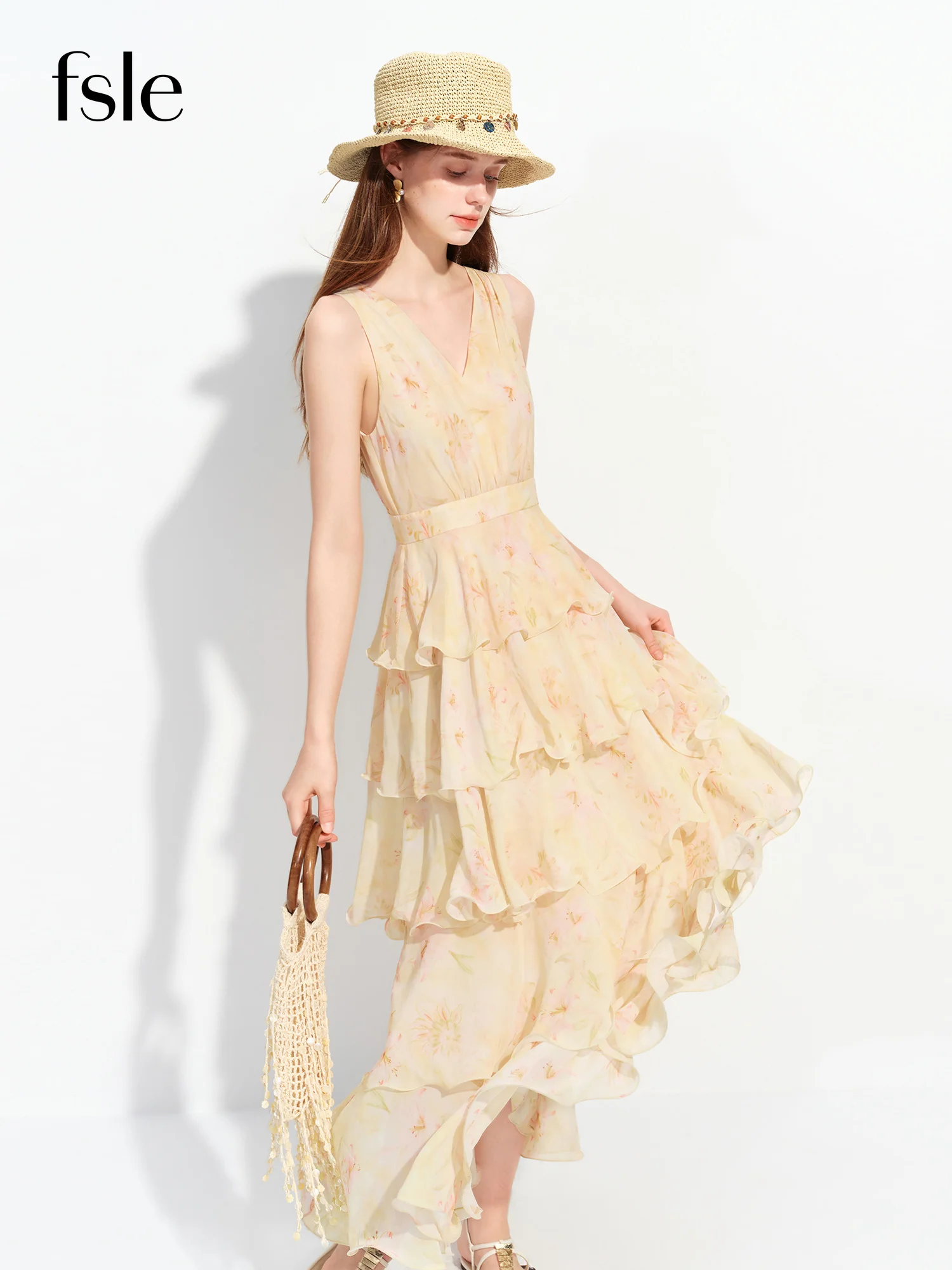 FSLE 2026 Sommer Französisch-inspiriertes Blumen-Maxikleid mit Rüschensaum, ärmellos, V-Ausschnitt, gestuft – Romantisch für Urlaub und Alltag