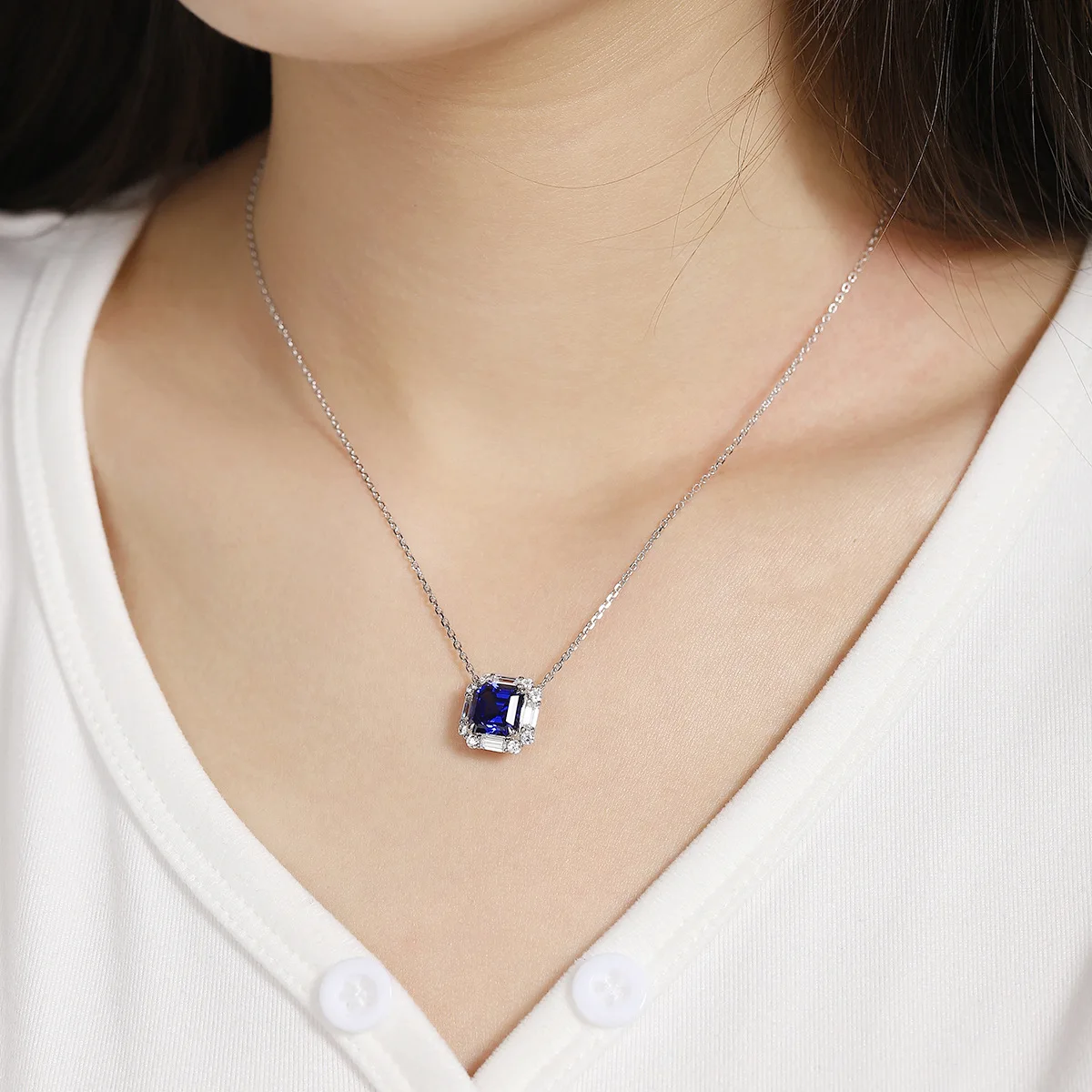 S925 Silver Lab-Grown Royal Blue Sapphire Necklace, Cultured Gemstone Jewelry, Elegant Blue Gift