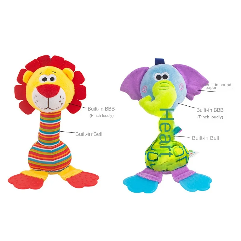 아기 핸드헬드 만화 동물 딸랑이 BB 치아 젤, 물고 달래기 인형, 아기 봉제 장난감