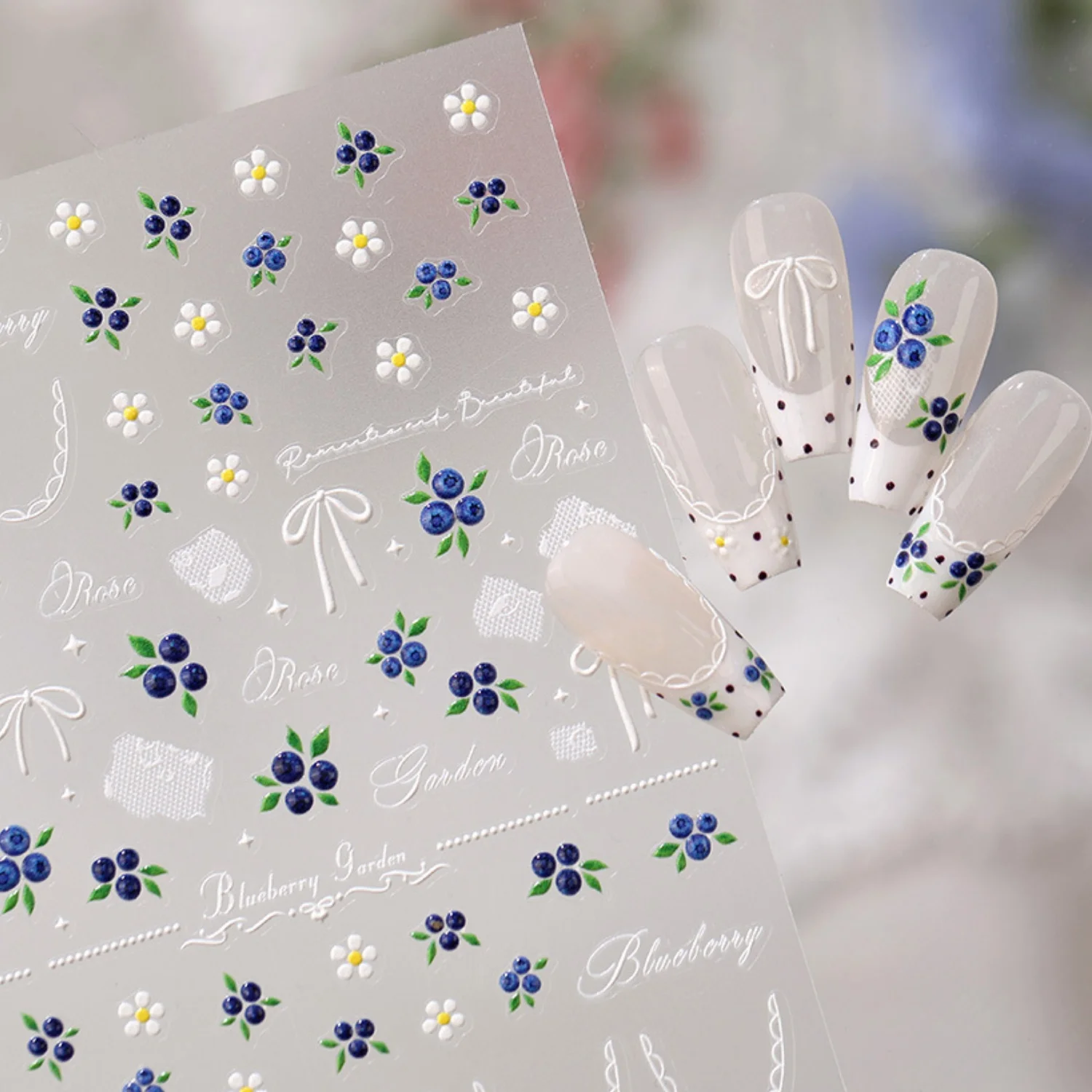 5D Blueberry Garden Nail Stickers Blueberry Cluster White Tiny Flower Bow Curved Pearl Chain Decals Fresh Fruity Manicure Decor