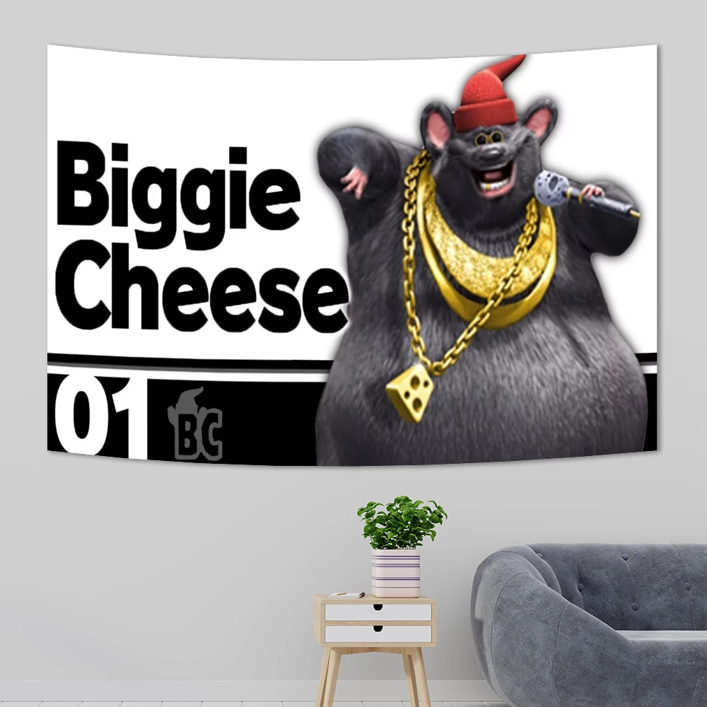 Biggie Cheese Meme Tapestry Kawaii Anime Rat Tapestry Wall Hanging Aesthetic Room Decor Banner Home Decoration Macrame Natal