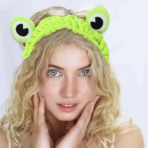 Imagen 2 del producto Preciosa banda para el cabello con ojos de rana verde, diadema elástica de felpa para mujeres y niñas, lavado de cara, cuidado de la piel, tocado de maquillaje, aro para el cabello divertido