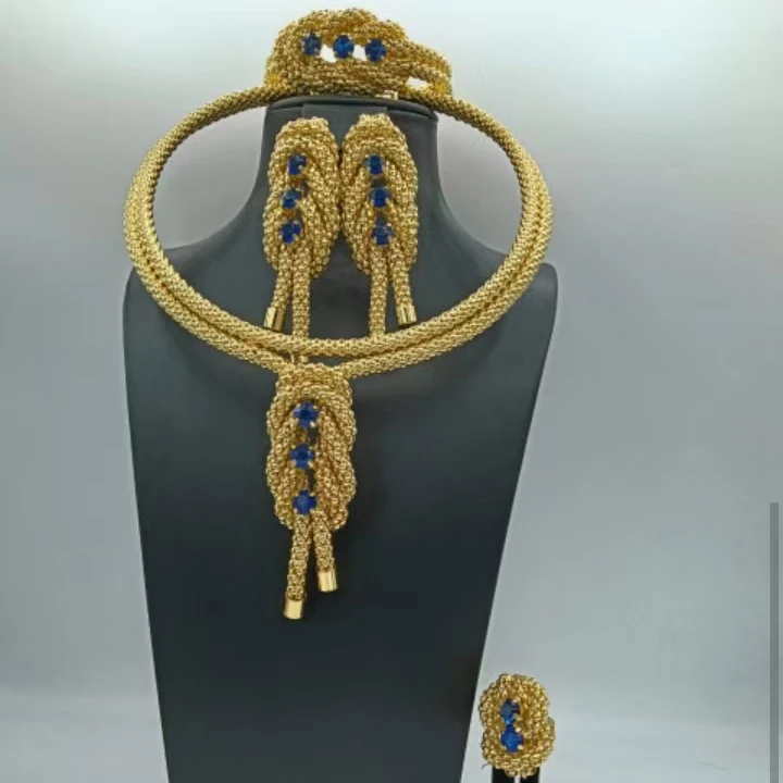 Vintage Twisted Rope Knot Crystal Jewelry Set Women Choker Necklace Earring Bracelet Ring Dubai Nigerian Wedding Banquet Costume