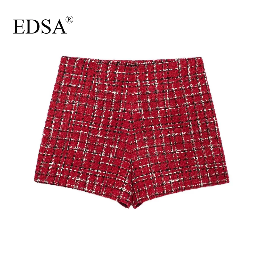 EDSA Women Tweed Skirt Set 2 Pcs Jacket with Shoulder Pads Flap Pockets High Waist Shorts Skirt for Female High Street Suits