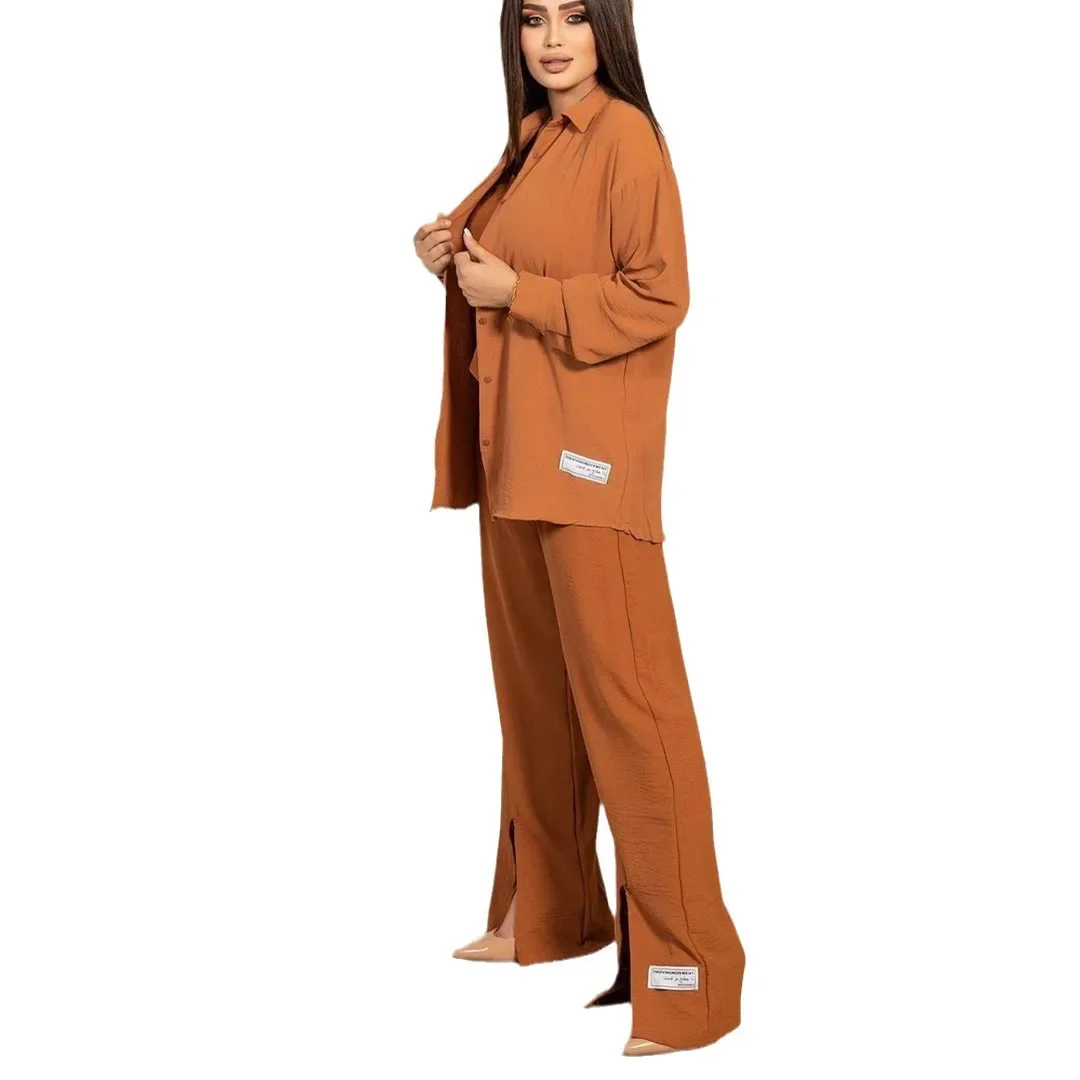 Women Eid Muslim Sets Three Piece Single Breasted Arab Kaftan Musulman Ensemble Blouses Vest Wide Leg Pants Pockets Casual