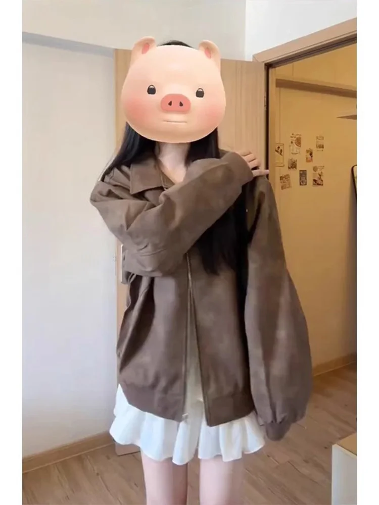 Browan Leather Jaet Women's Loose Fit American Sle Spring Autumn New Faion PU Leather Coat Upper Body Trendy