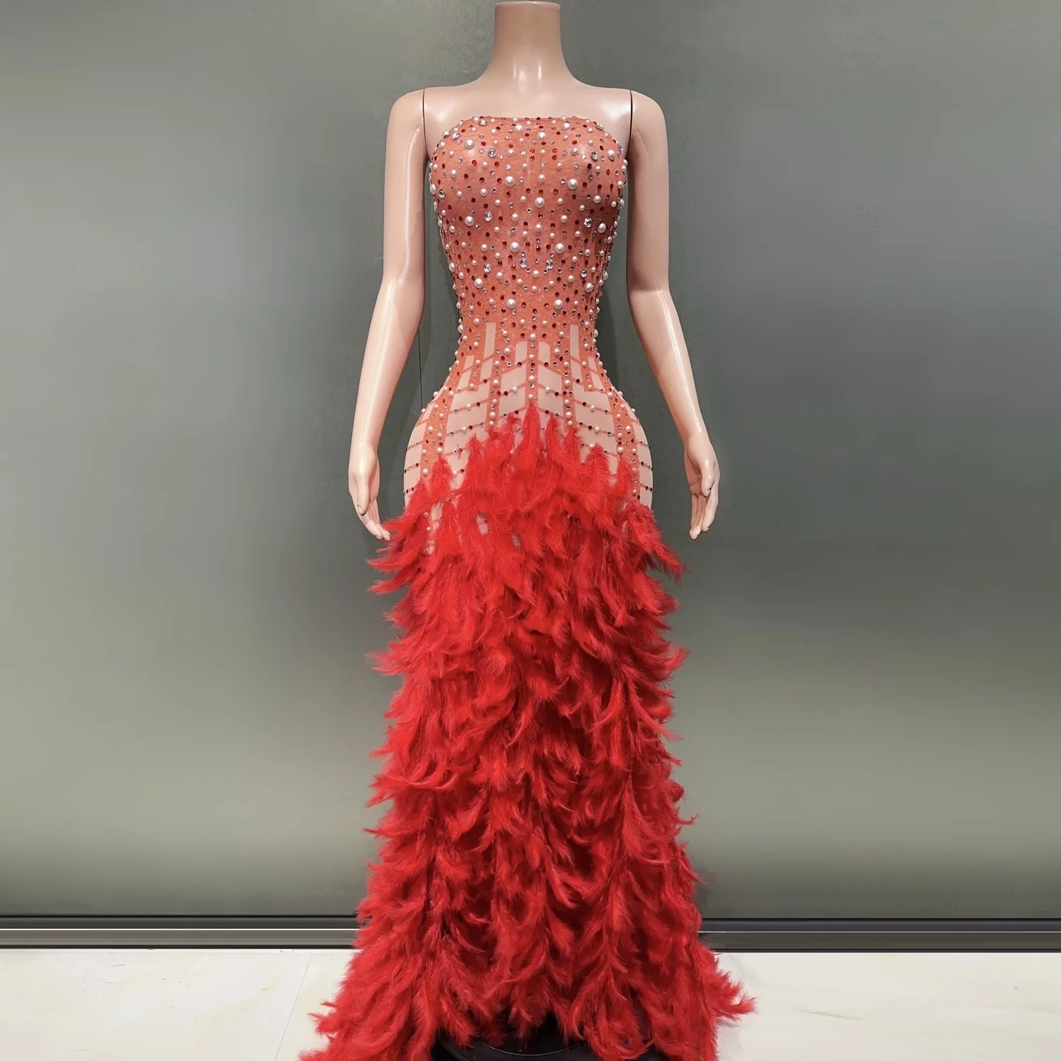 

Luxury Pearl Rhinestones Red Feather Sexy Strapless Fishtail Dress Evening Party Performance Costume Nightclub Bar Singer Stage