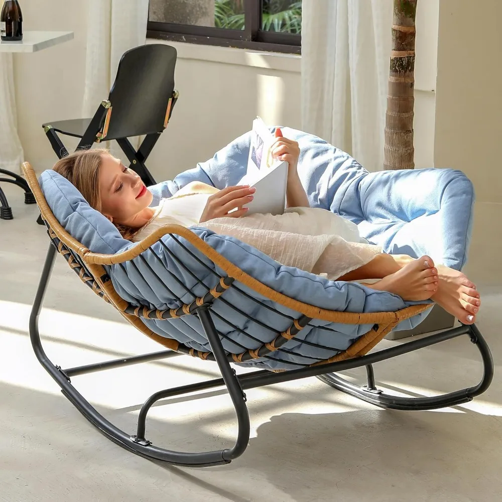 

outdoor patio rocking chair, indoor oversized chair with cushion, wicker papasan chair for living room, porch, garden, lawn-blue