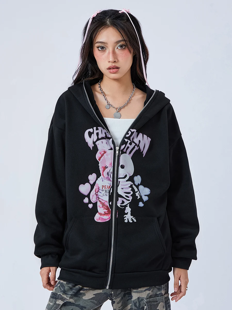 Sudadera con capucha Y2k con cremallera completa para mujer, sudadera gótica de gran tamaño, chaqueta gráfica de manga larga con diamantes de imitación para chica electrónica, ropa de calle