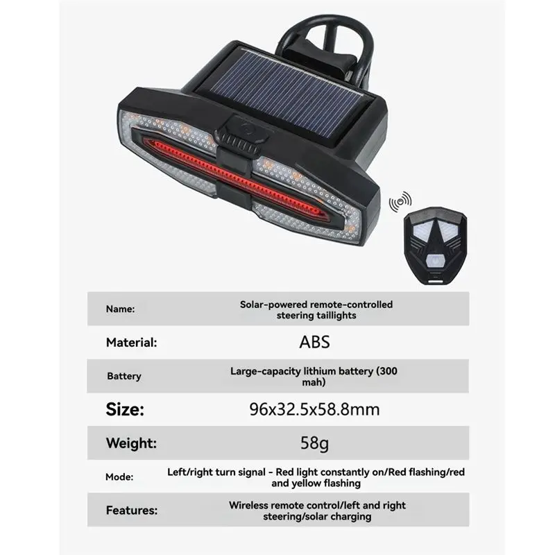 NEW HOT In Stock-Wireless Remote Controlled Solar Bike Tail Light With USB Rechargeable Turn Signals