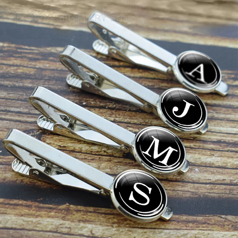 26 Letters Simple Necktie Clip Gentleman Tie Bar Tie Pin for Mens Fit 16mm Round Glass Cabochon Jewelry Wedding Birthday Gift