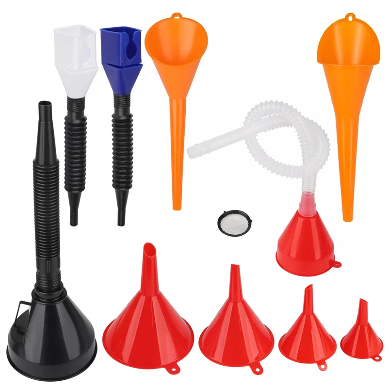 10 Pcs Automotive Funnels Set, Plastic Long Neck Oil Funnels, Snap Funnel,Right Angle Funnelswide Mouth Fuel Funnels