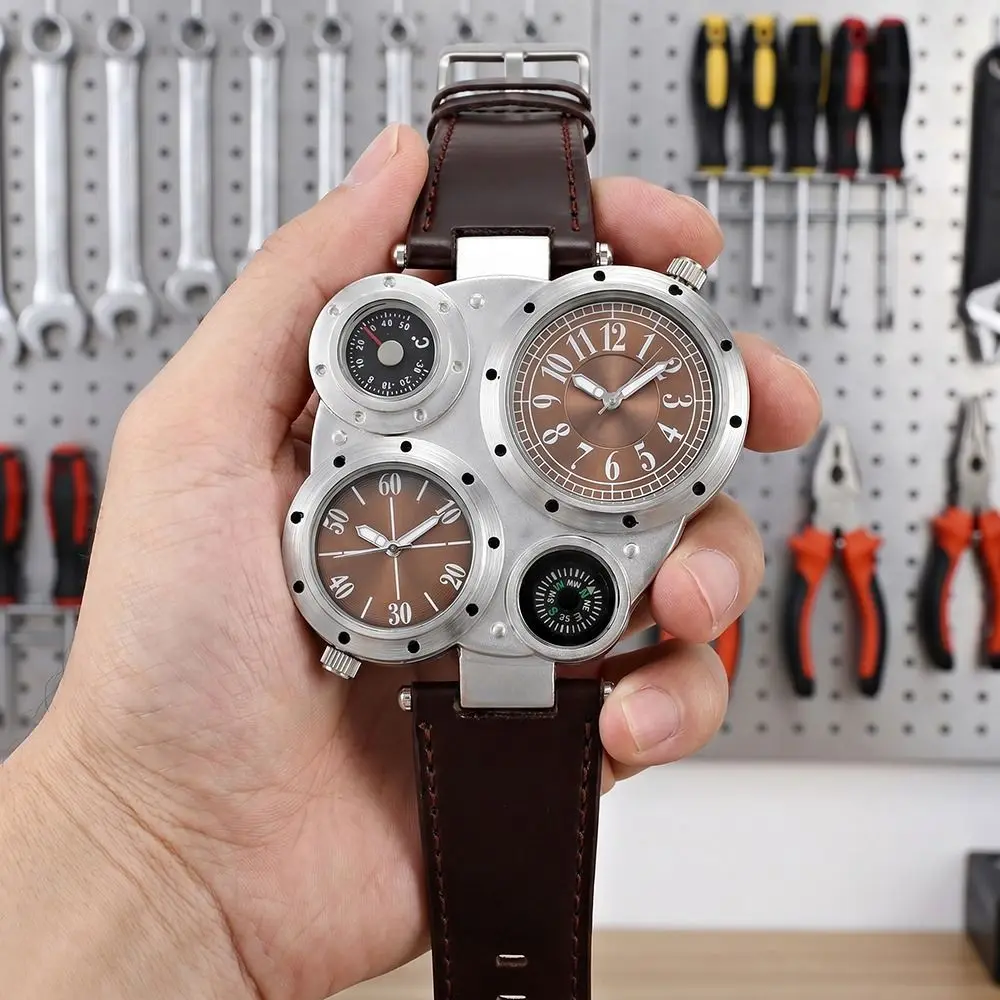 

PU Leather Strap Big Face Watches Large Dial Luminous Dual Time Zone Watch Leather Strap Compass Decoration Quartz Watch Men