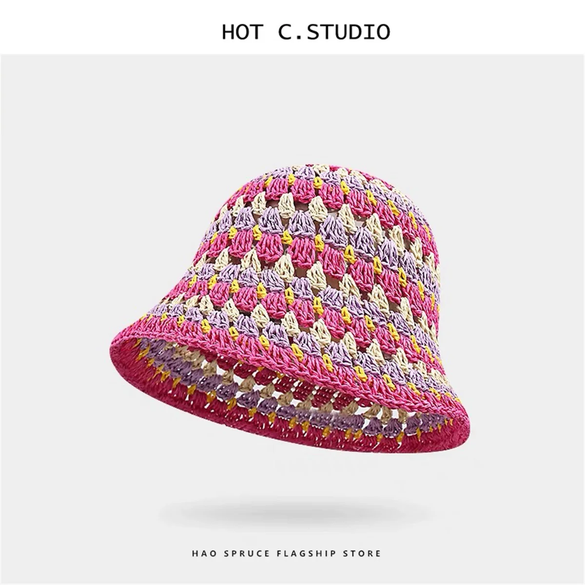 Colorful dopamine striped hollow straw hat for women summer seaside vacation fisherman hat 3