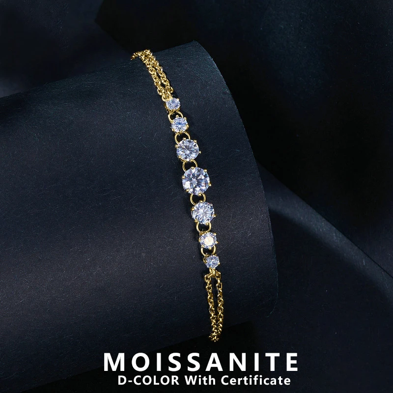 

Lnngy стерлингового серебра 925 пробы сертифицированные браслеты с двойной цепочкой изысканный браслет из муассанита с 7 камнями для женщин свадебные украшения подарок