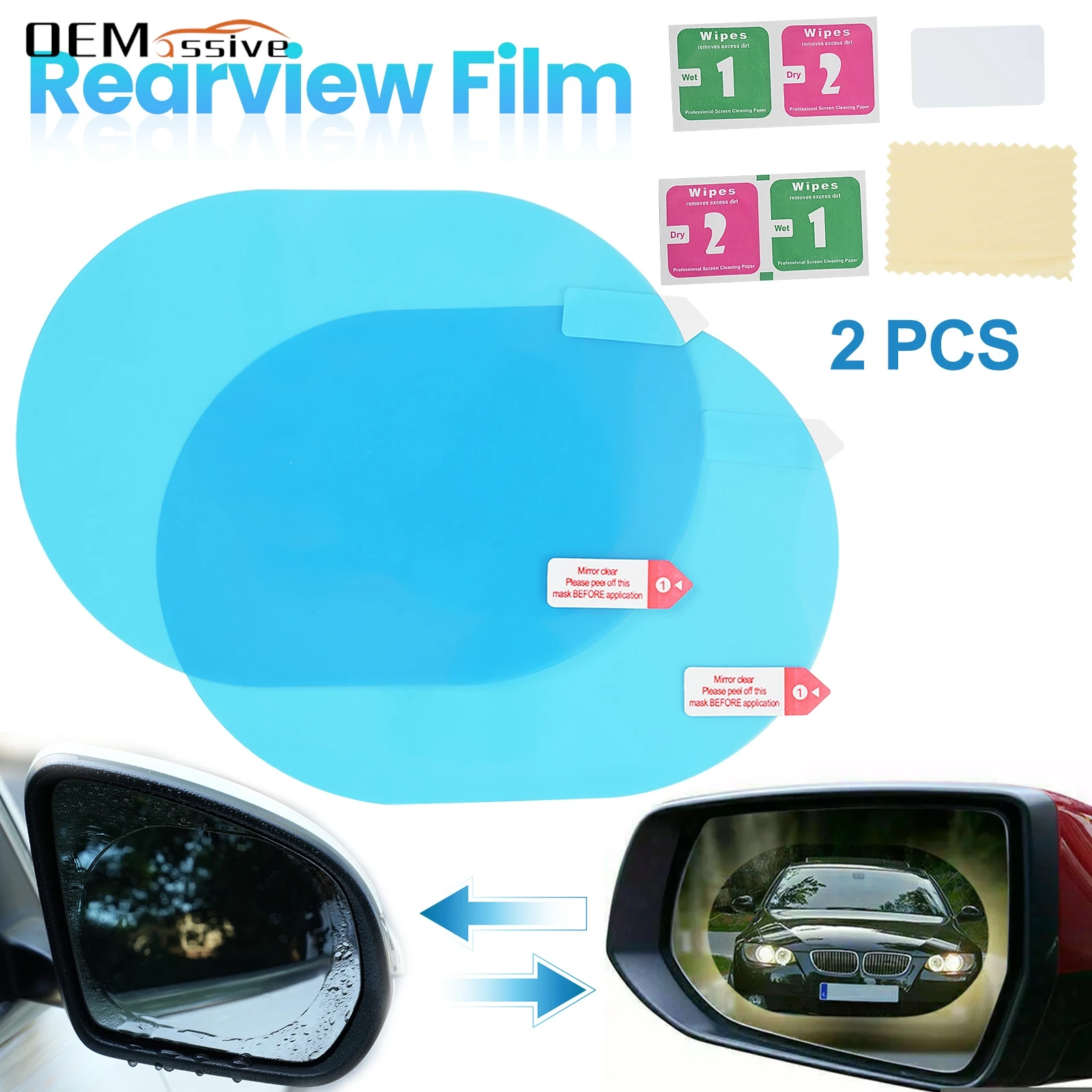 2pcs Anti Fog Glare Rain Nano Coating Cover Rearview Mirror Stick Film Driver Sight Protector & Mirror Cleaning Kit 85 x 145mm