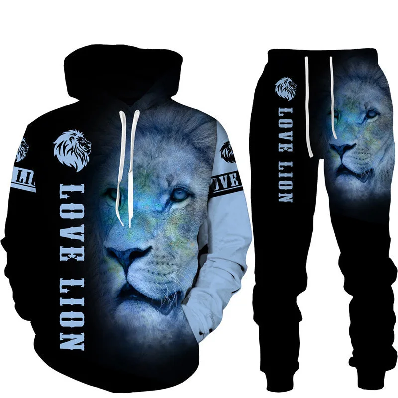 Sweat à capuche pour hommes Animal Lion 3D imprimé ensemble de survêtement homme à capuche + pantalon 2 pièces ensembles mode décontracté homme vêtements de sport pull vêtements