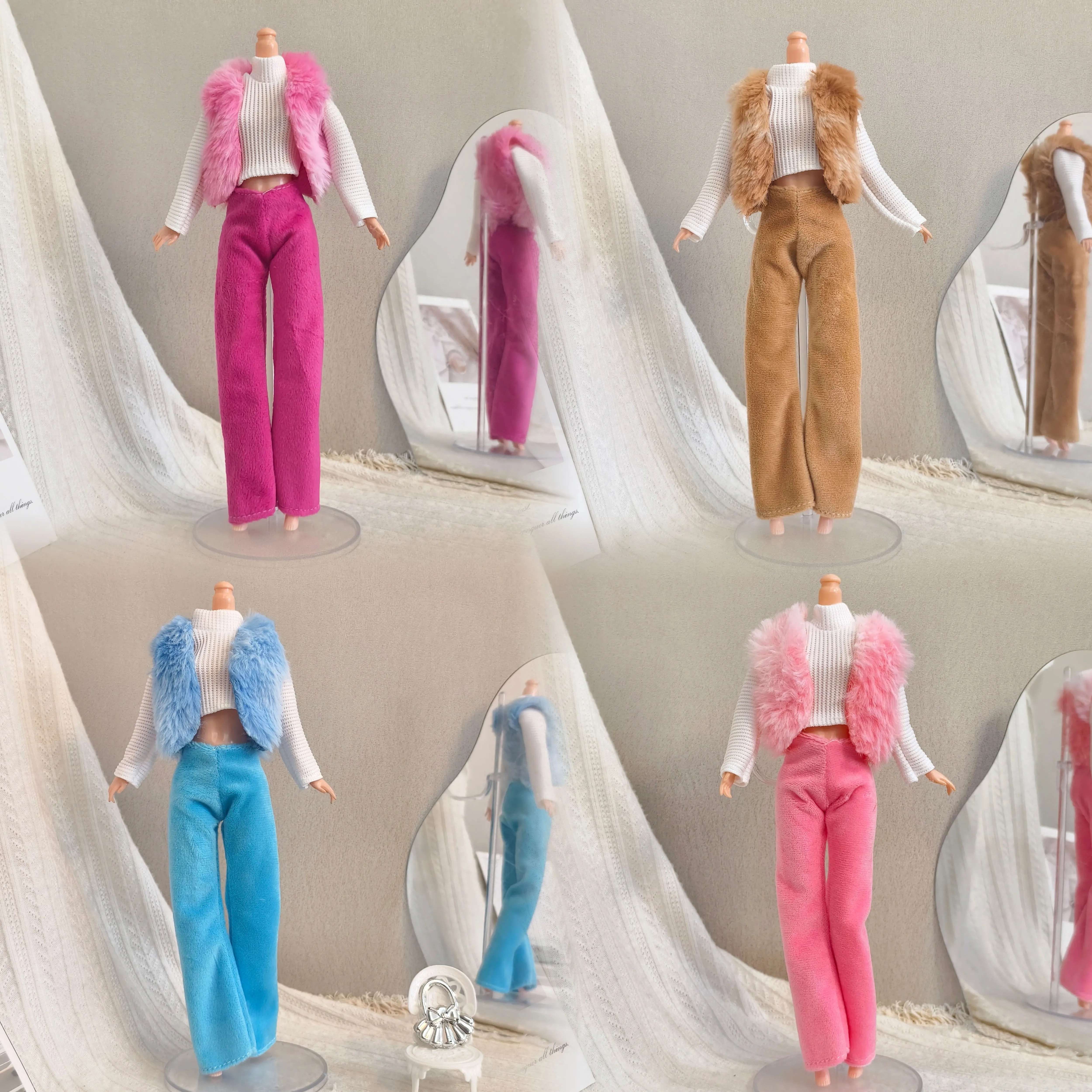 

11.5-inch doll clothes fashionable plush vest three piece set 30cm doll high neck sweater bell bottom pants girl playhouse toy a